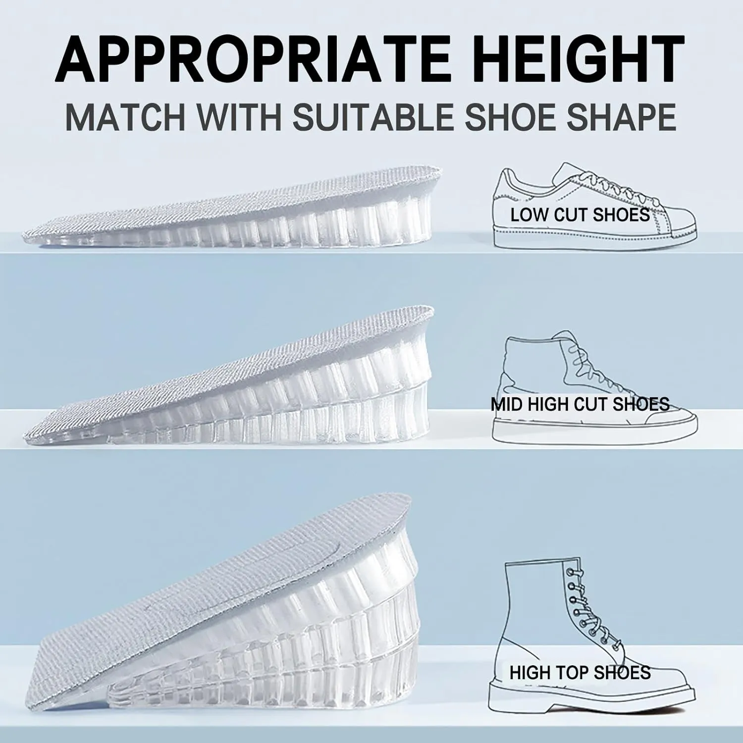4-Layer Height Increase Insoles, Silicone Heel Cushion Inserts for Men and Women, Gel Heel Lift Inserts for Leg Length Discrepancy (Black, 6.5 CM)