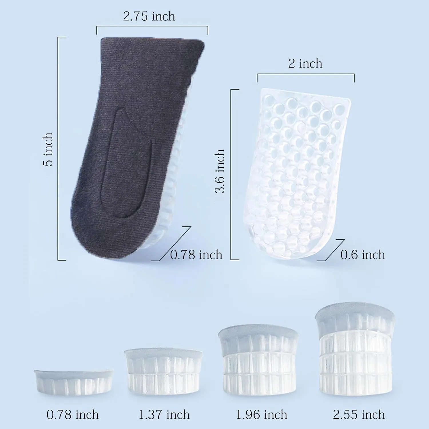 4-Layer Height Increase Insoles, Silicone Heel Cushion Inserts for Men and Women, Gel Heel Lift Inserts for Leg Length Discrepancy (Black, 6.5 CM)