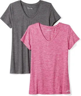 Amazon Essentials Women's Active Quick Dry Tech Stretch Short-Sleeve V-Neck T-Shirt (Available in Plus Size), Pack of 2