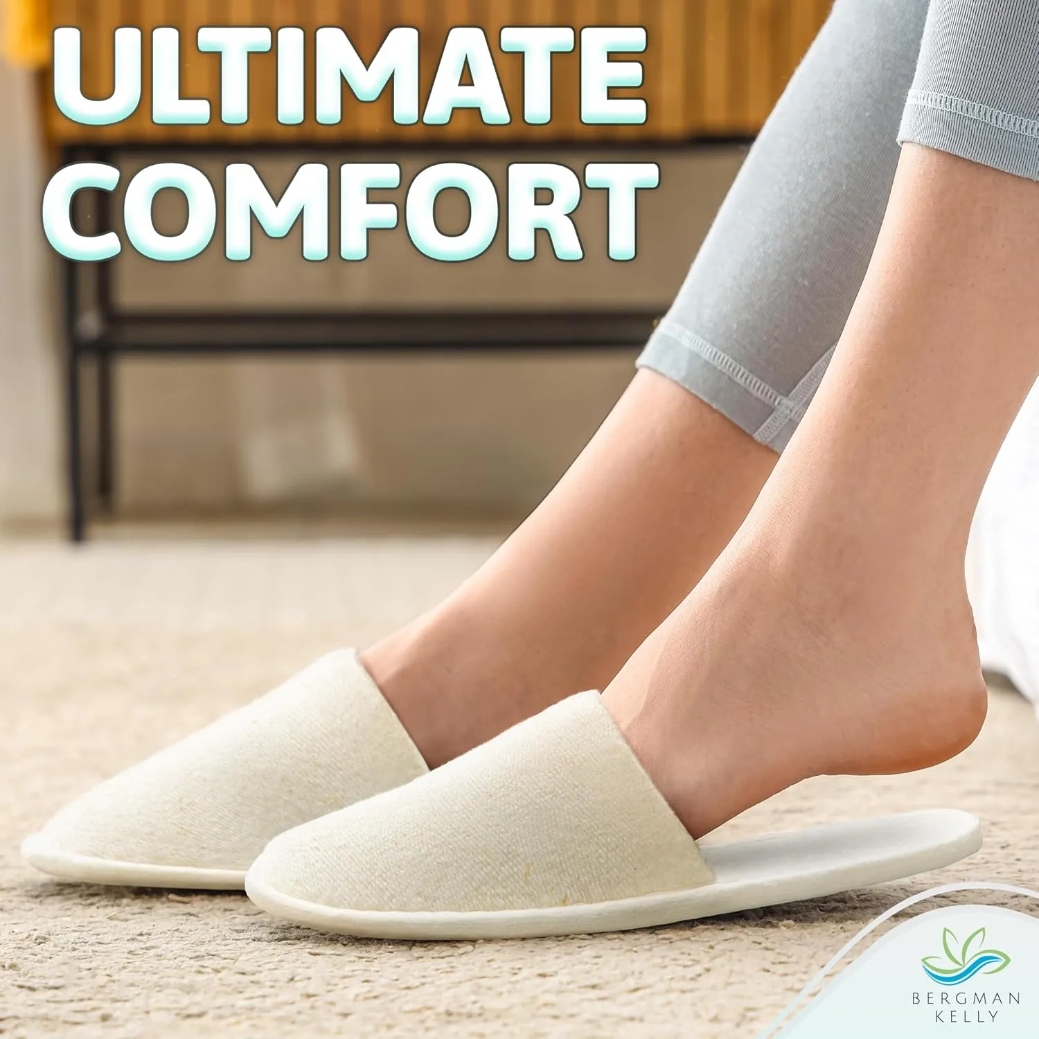 BERGMAN KELLY - Spa Slippers - Eco-Friendly & 100% Biodegradable Disposable Indoor House Slippers - Closed Toe House Shoes for Men & Women - Value Pack Hotel Indoor Shoes for Guests - Washable