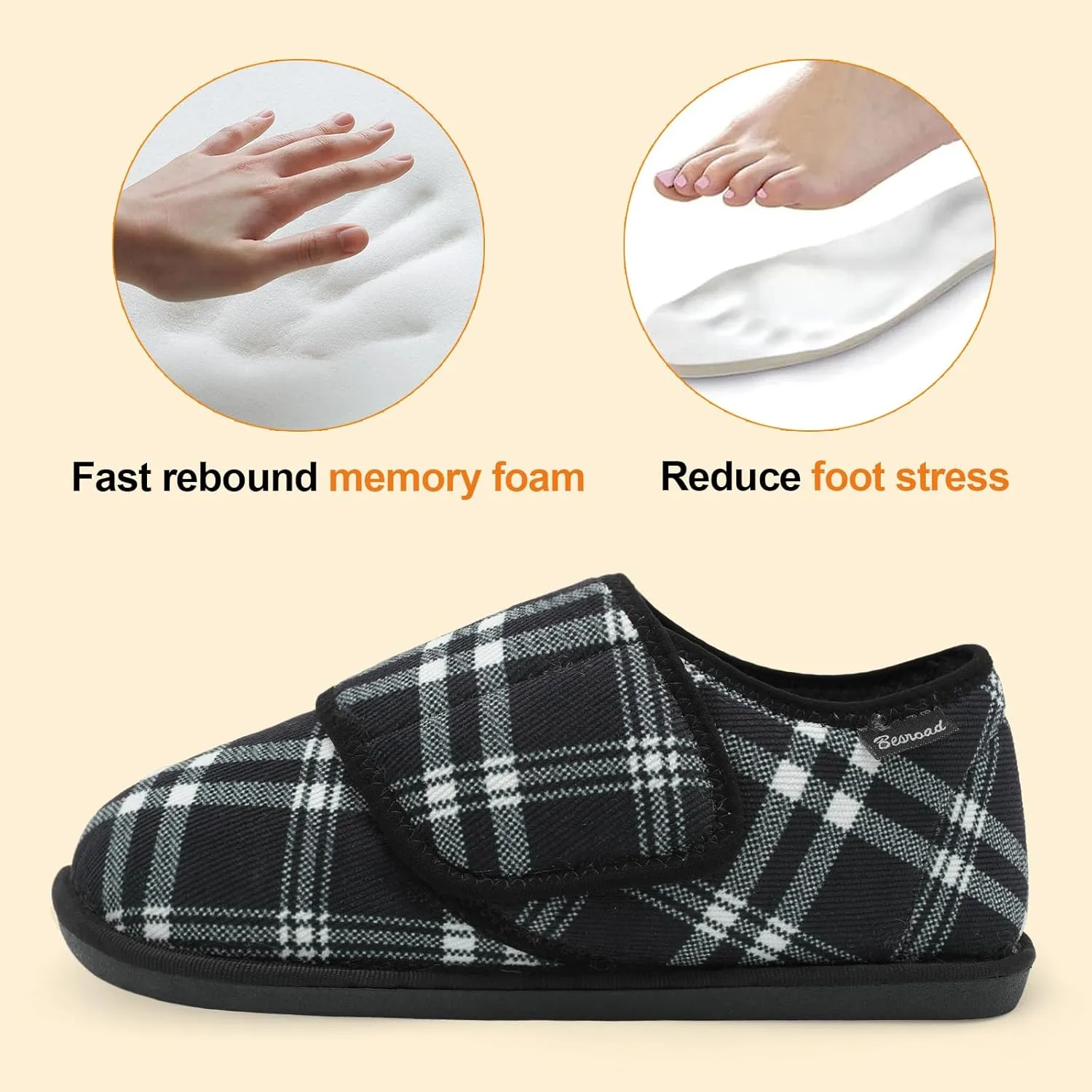 Besroad Womens Furry Memory Foam House Slippers Wide Diabetic Shoes Adjustable Bedroom Slippers Arthritis Edema Swollen House Shoes Indoor Outdoor