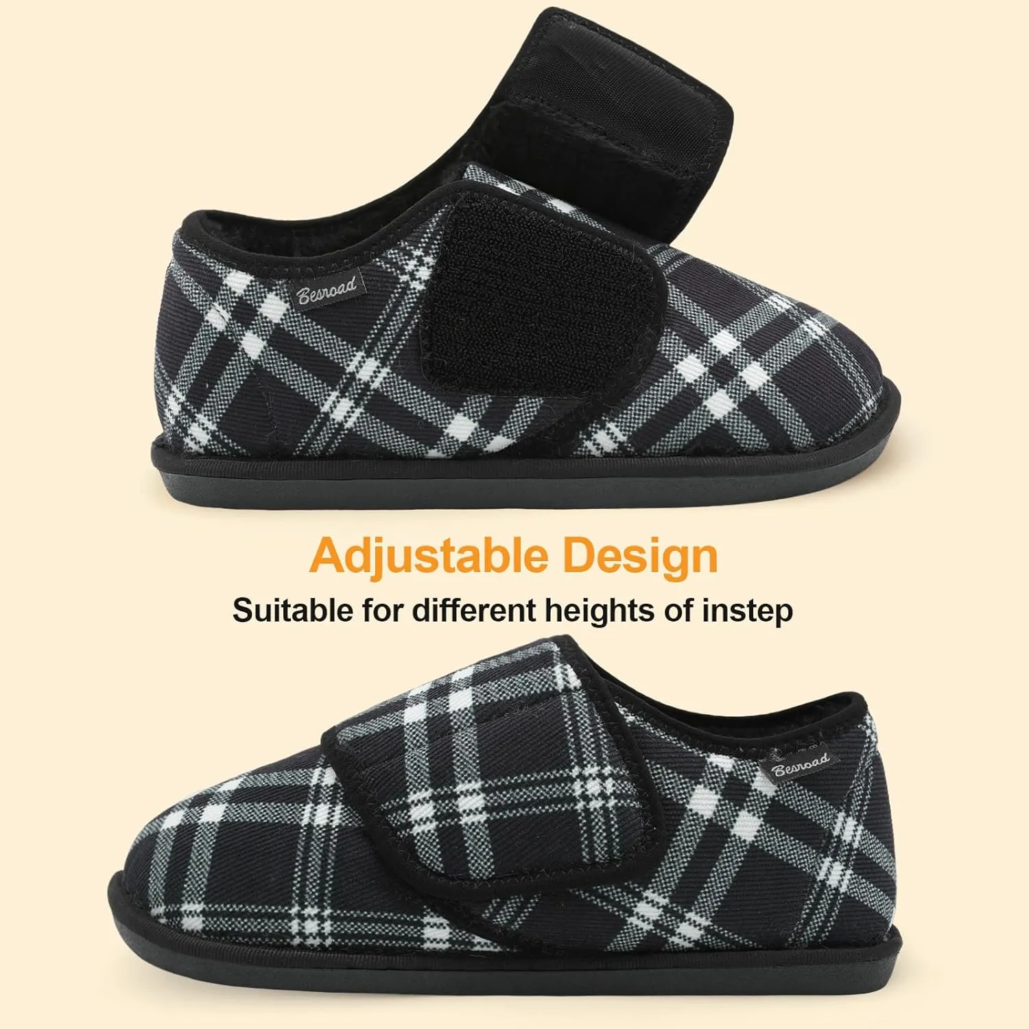 Besroad Womens Furry Memory Foam House Slippers Wide Diabetic Shoes Adjustable Bedroom Slippers Arthritis Edema Swollen House Shoes Indoor Outdoor