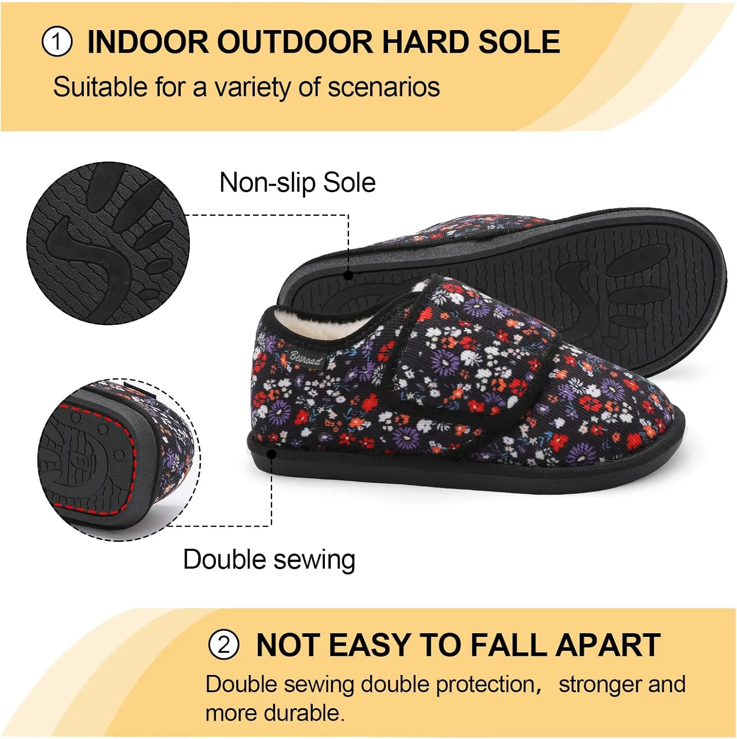 Besroad Womens Furry Memory Foam House Slippers Wide Diabetic Shoes Adjustable Bedroom Slippers Arthritis Edema Swollen House Shoes Indoor Outdoor