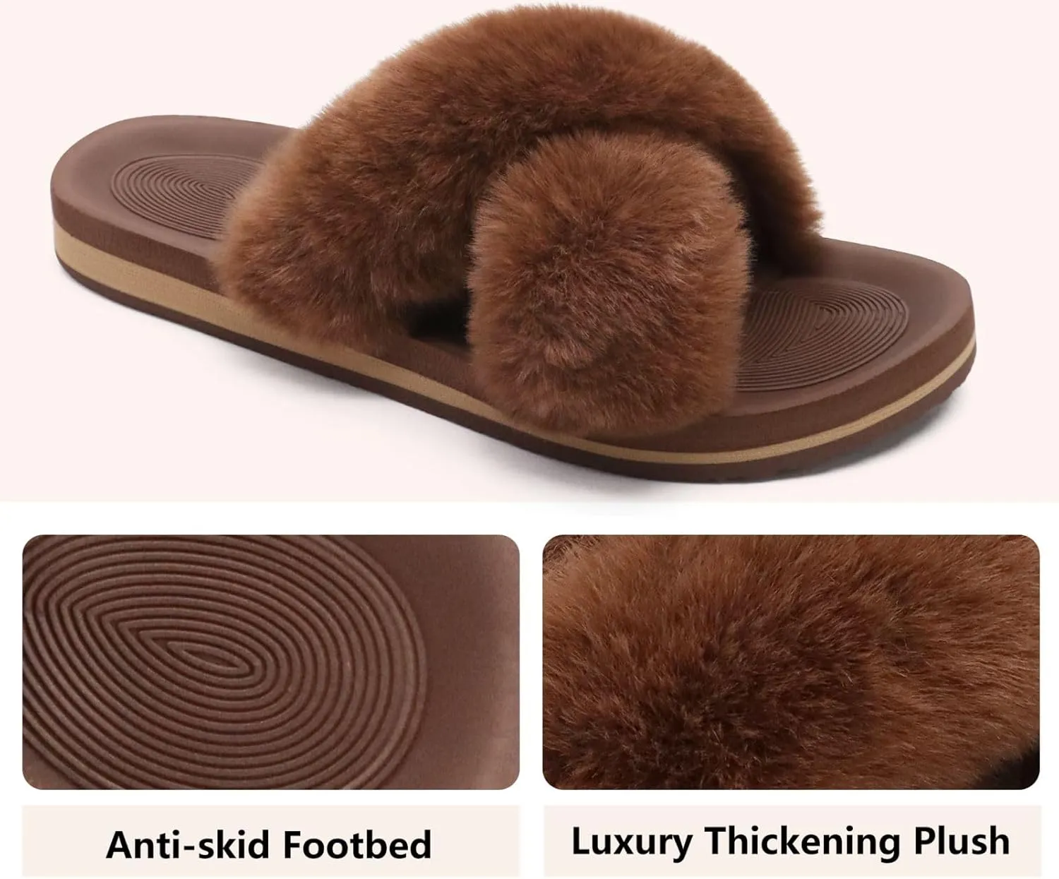 COFACE Womens Fuzzy Slides Fluff Faux Fur Cross Slippers Open Toe Yoga Mat House Slippers Sandals With Arch Support For Indoor/Outdoor