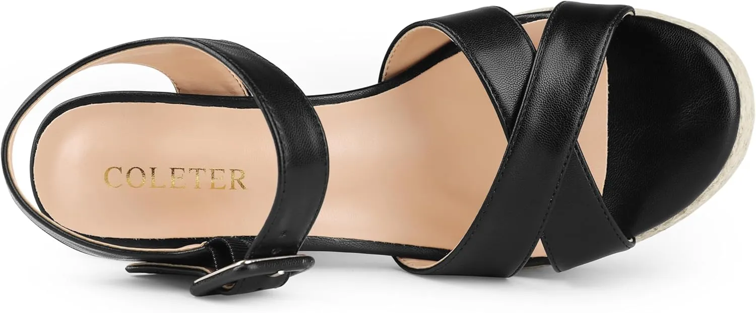 COLETER Women's Platform Chunky Heels Ankle Strap Espadrille Block Heeled Sandals