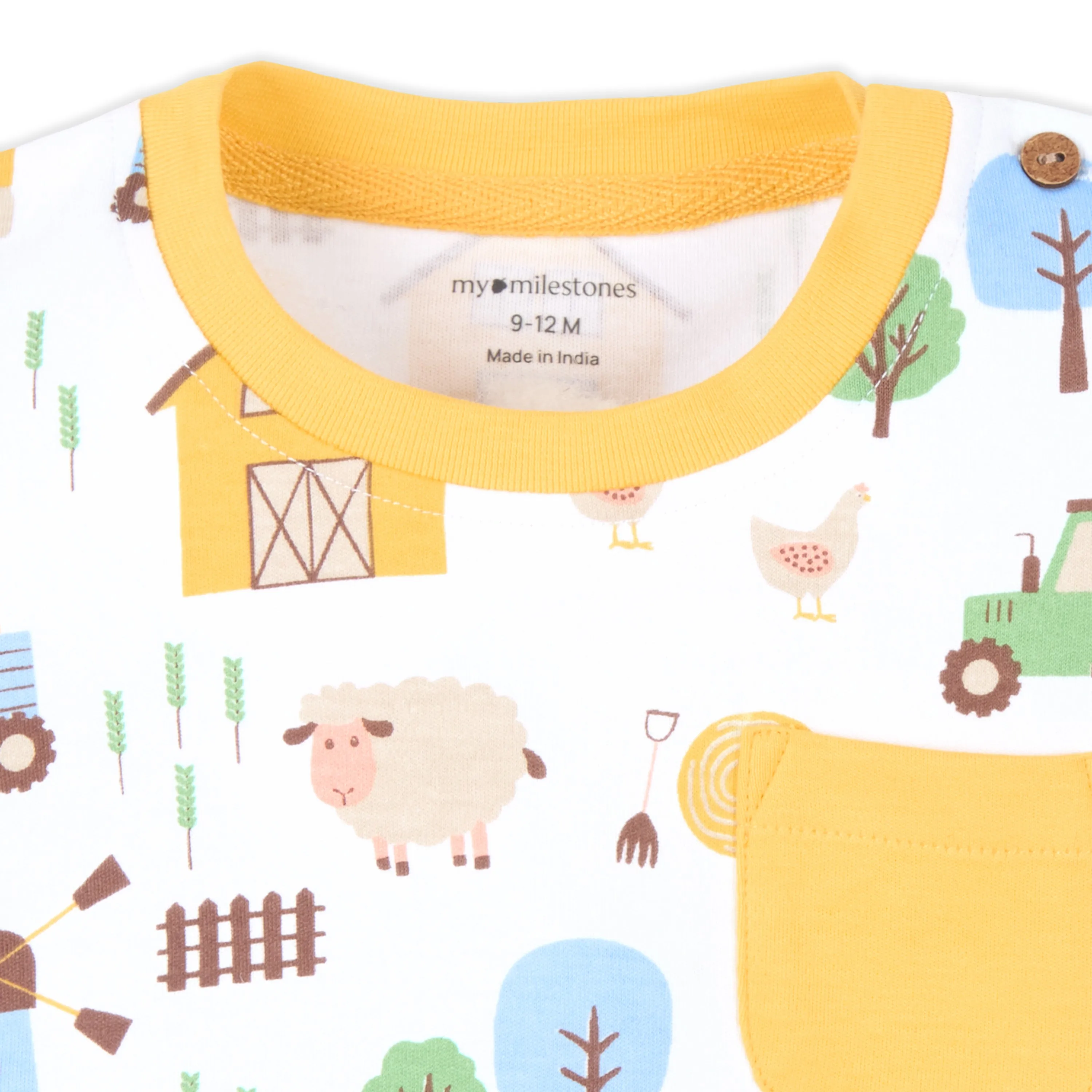 Drop Shoulder Barnyard Print Tee With Relaxed Fit Joggers - White & Yellow