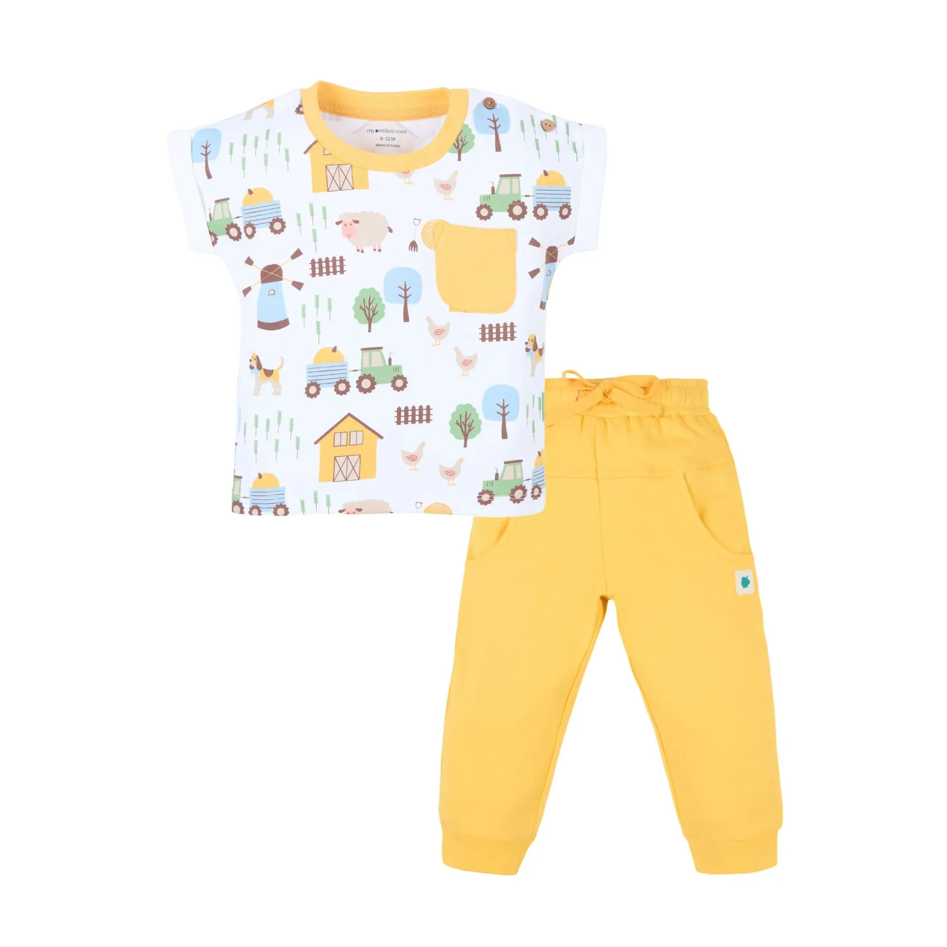 Drop Shoulder Barnyard Print Tee With Relaxed Fit Joggers - White & Yellow