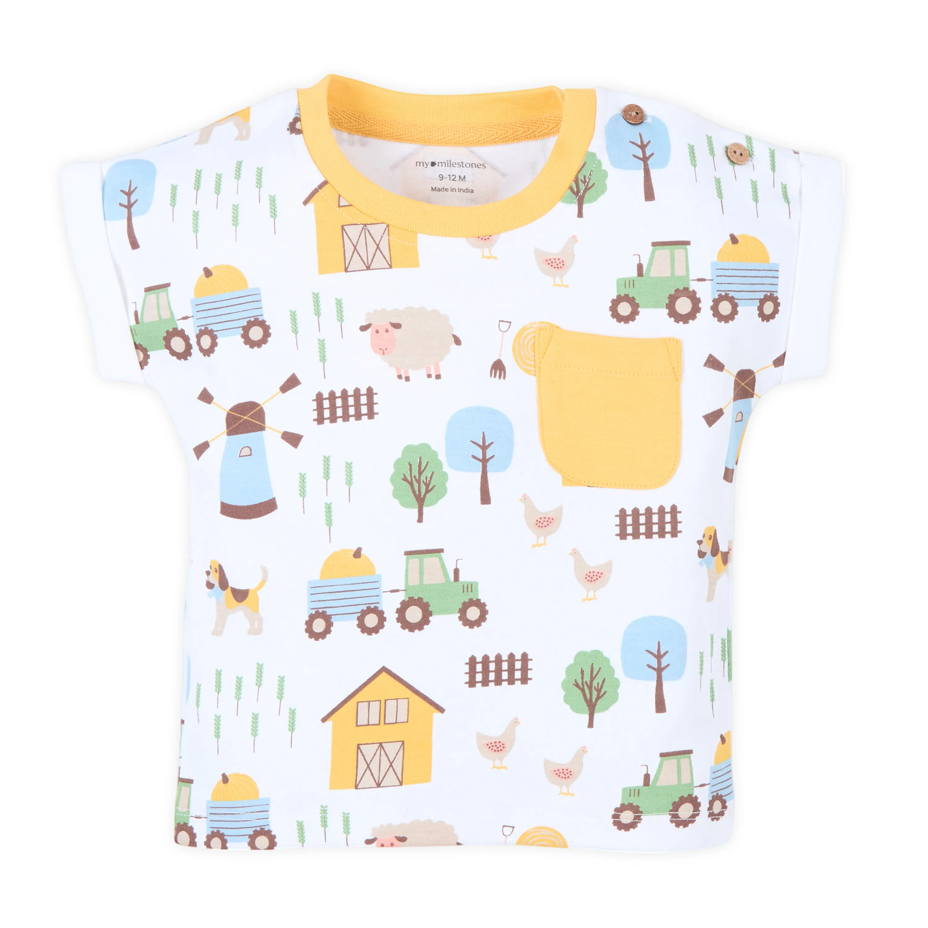 Drop Shoulder Barnyard Print Tee With Relaxed Fit Joggers - White & Yellow