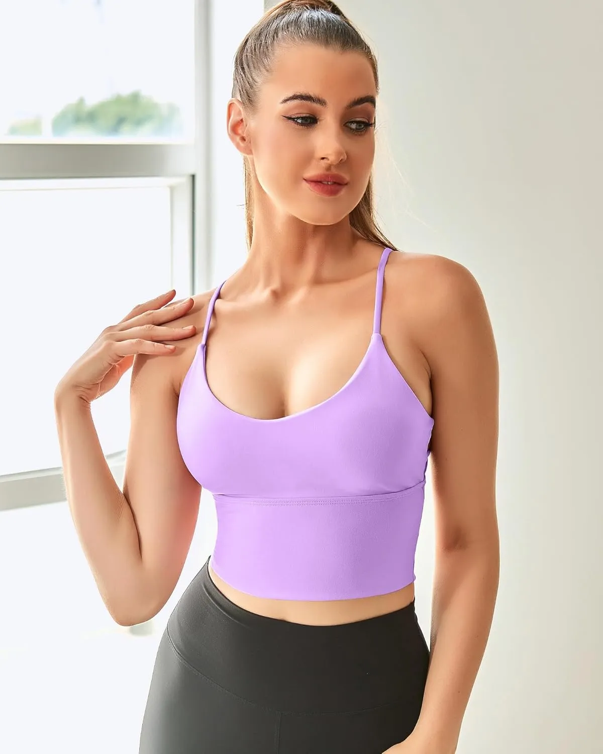 Everrysea Women Longline Sports Bra Strappy Open Back Workout Tank Tops Built in Bra Cross Activewear Yoga Shirts Fitness Gym