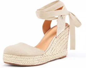 FISACE Womens Summer Espadrille Heel Platform Wedge Sandals Ankle Buckle Strap Closed Toe Shoes