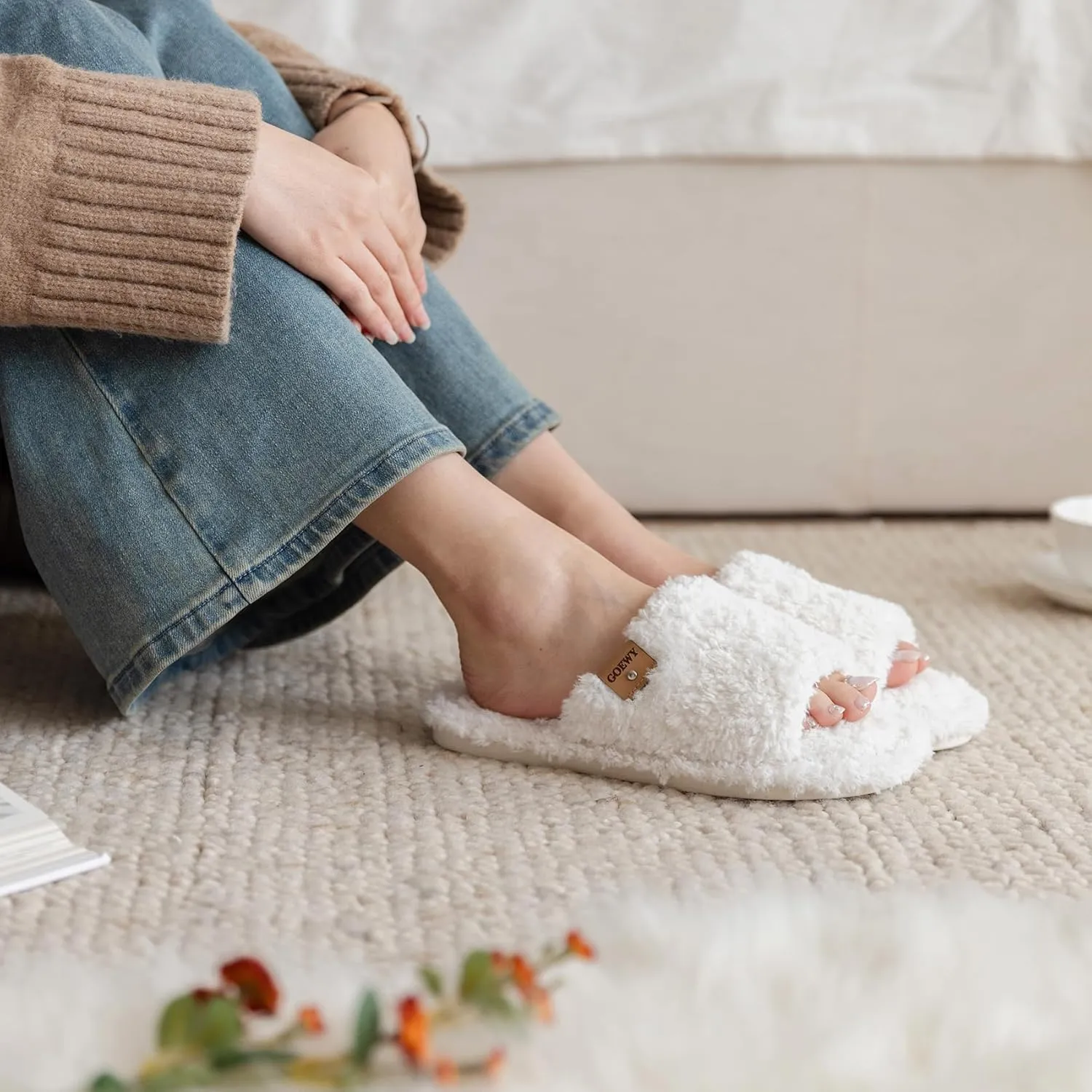 Fuzzy Open Toe Slippers for Women Indoor Cozy Memory Foam Slip On House Slides Shoes Gifts for Womens Her Mom
