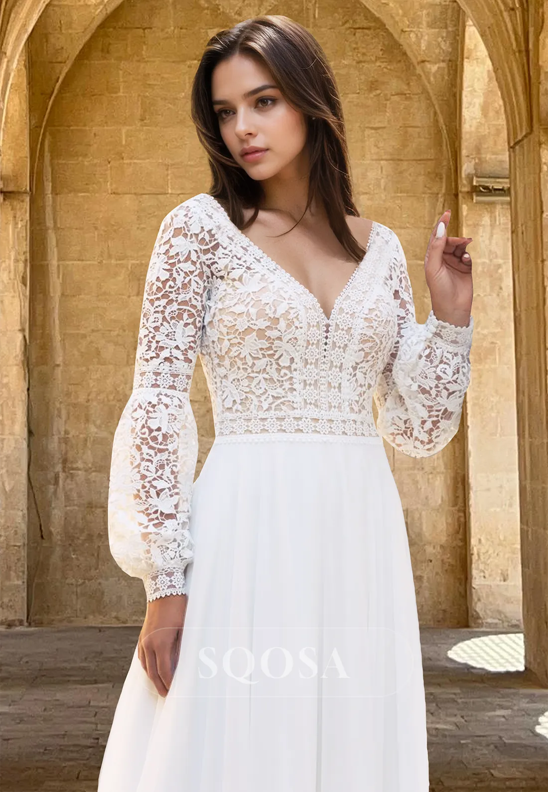 Long-Sleeves V-Neck Lace Applique Cutout Pleated Bride Gowns A-Line Cutout Chiffon Wedding Dress