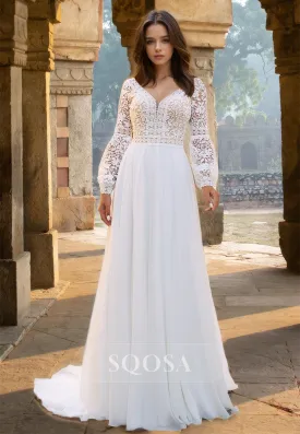 Long-Sleeves V-Neck Lace Applique Cutout Pleated Bride Gowns A-Line Cutout Chiffon Wedding Dress