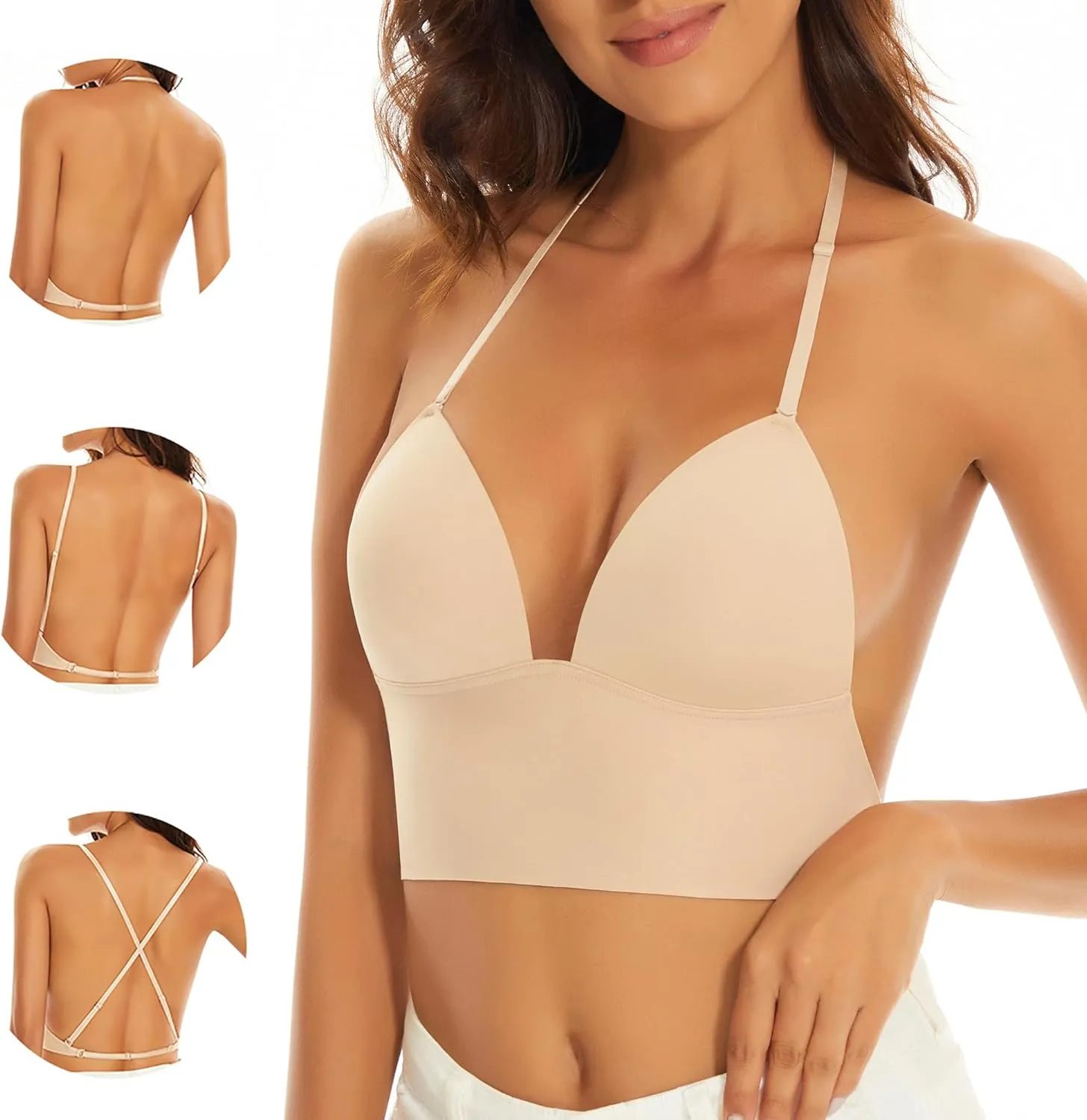 Low Back Bras for Women-Seamless Bralette Wireless Triangle Invisable Backless Bra-Low Cut Strappy Open Back Halter Bra