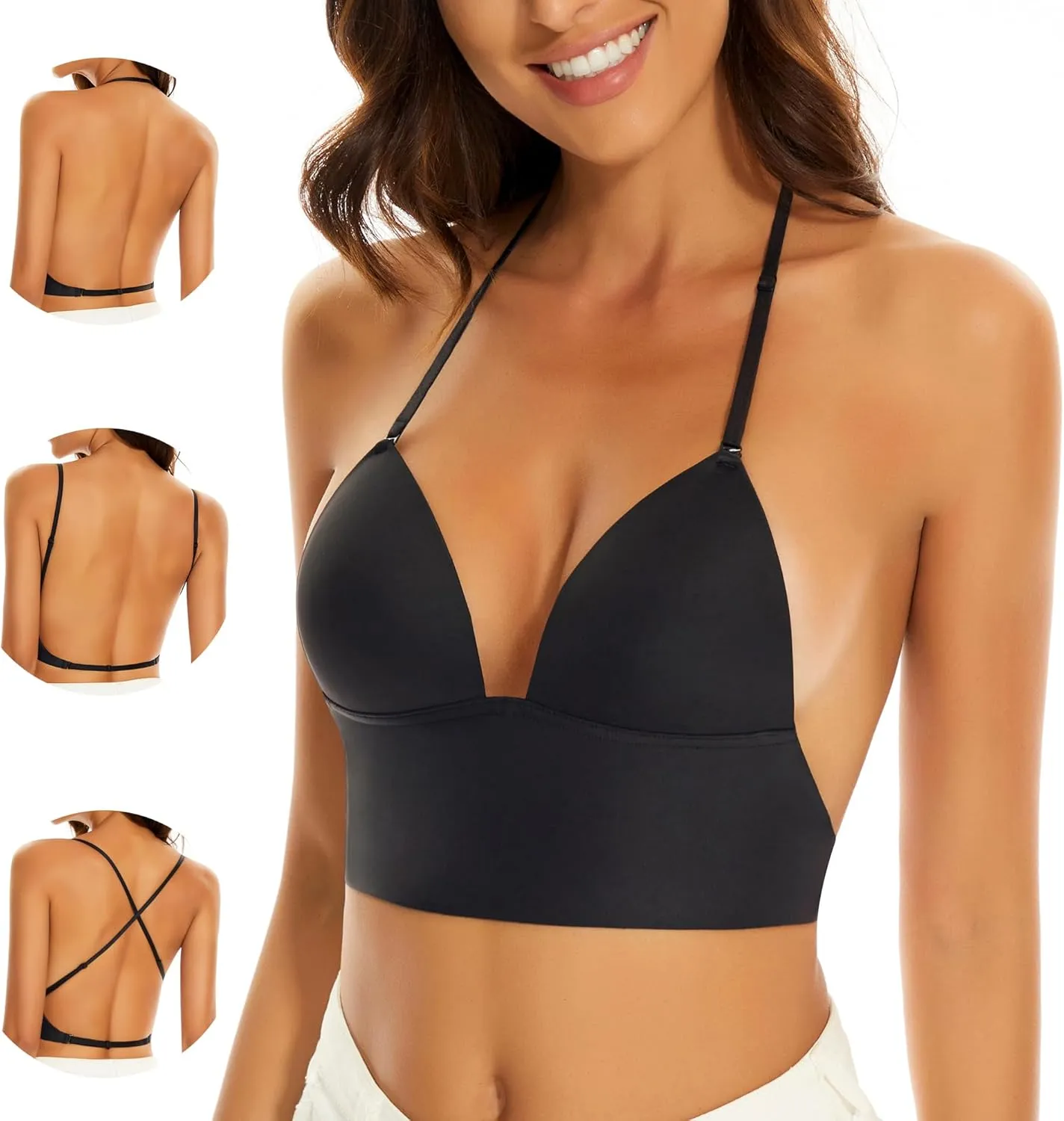 Low Back Bras for Women-Seamless Bralette Wireless Triangle Invisable Backless Bra-Low Cut Strappy Open Back Halter Bra
