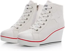 Mei MACLEOD High Heel Wedge Sneakers for Women Casual Lace Up Canvas Shoes for Ladies Platform Wedge Shoes AnkleBooties