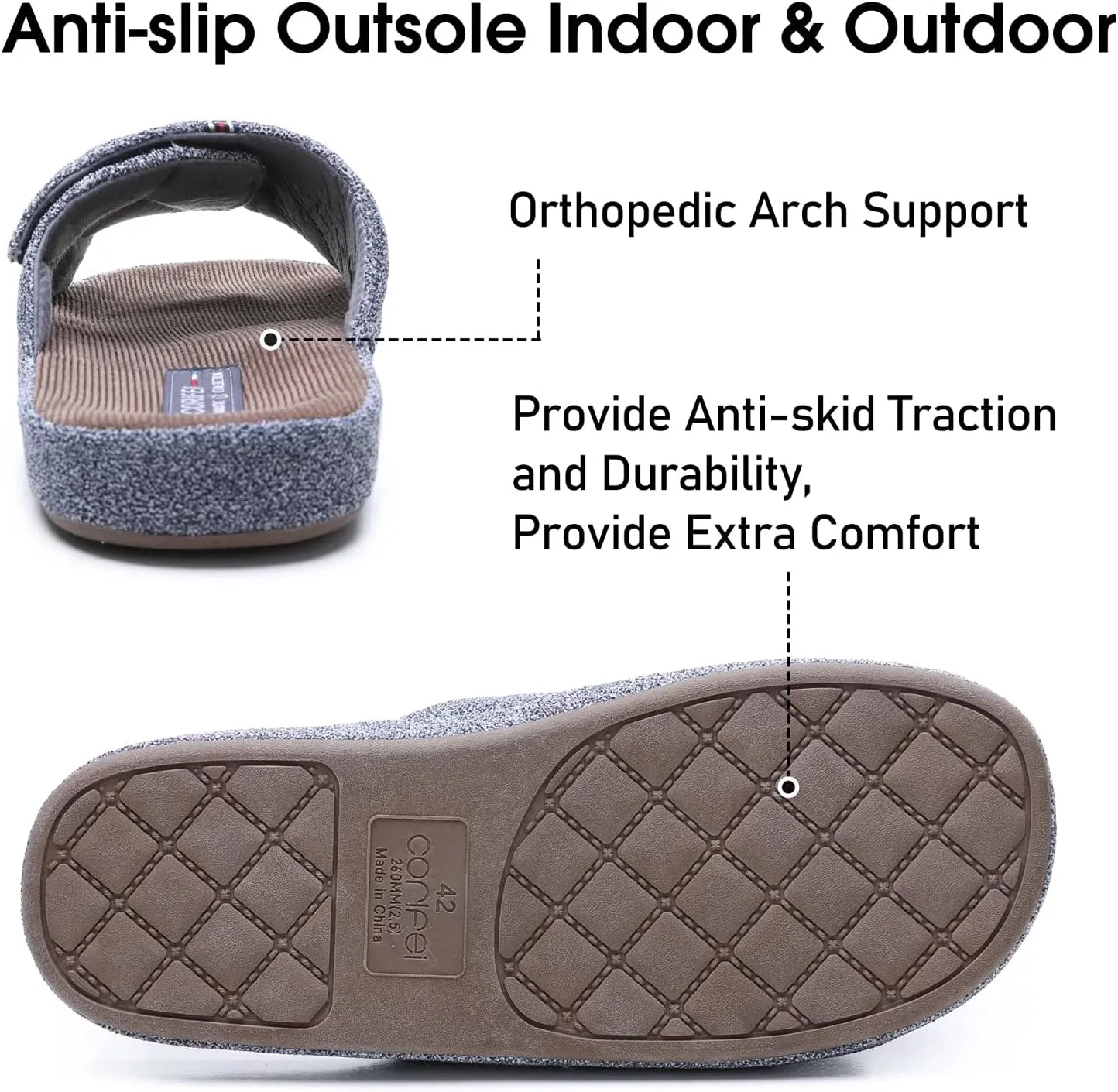 Men's Open Toe Slippers Adjustable House Slippers with Arch Support Cross Band Anti-Slip Indoor Outdoor Slides