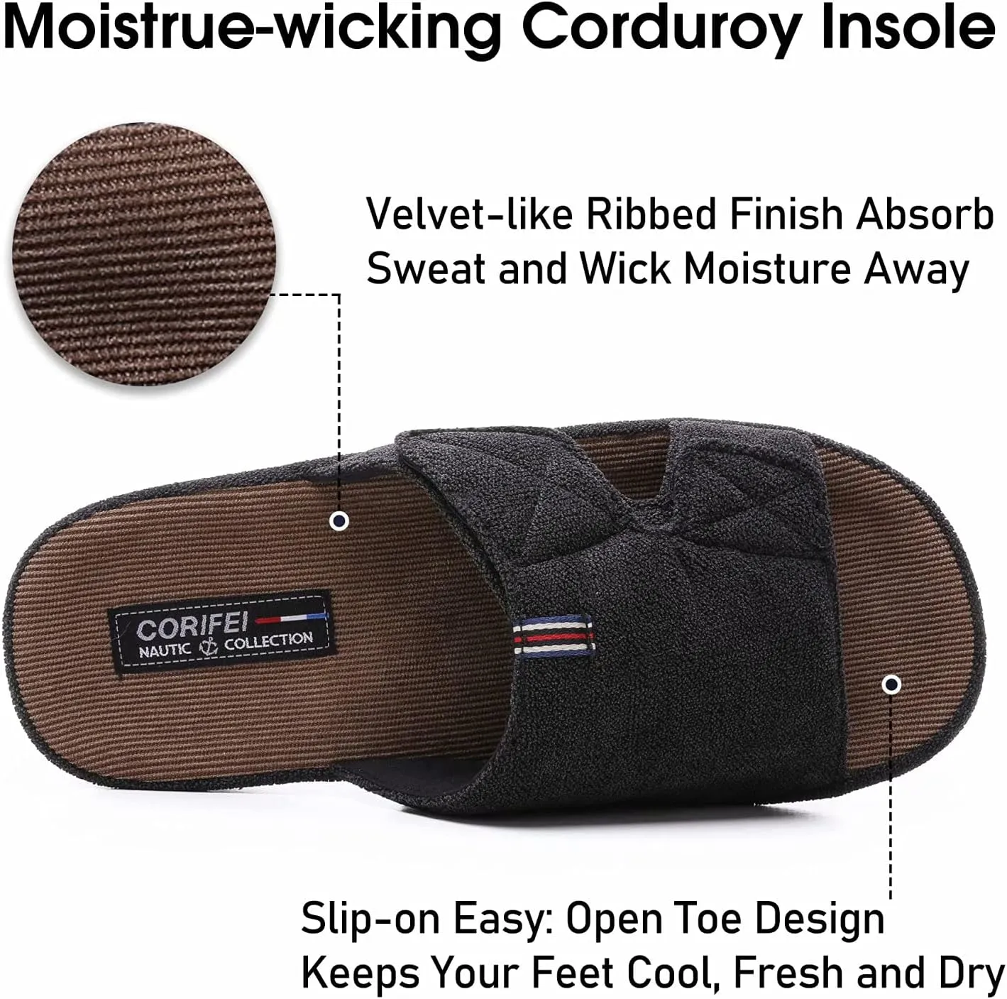Men's Open Toe Slippers Adjustable House Slippers with Arch Support Cross Band Anti-Slip Indoor Outdoor Slides