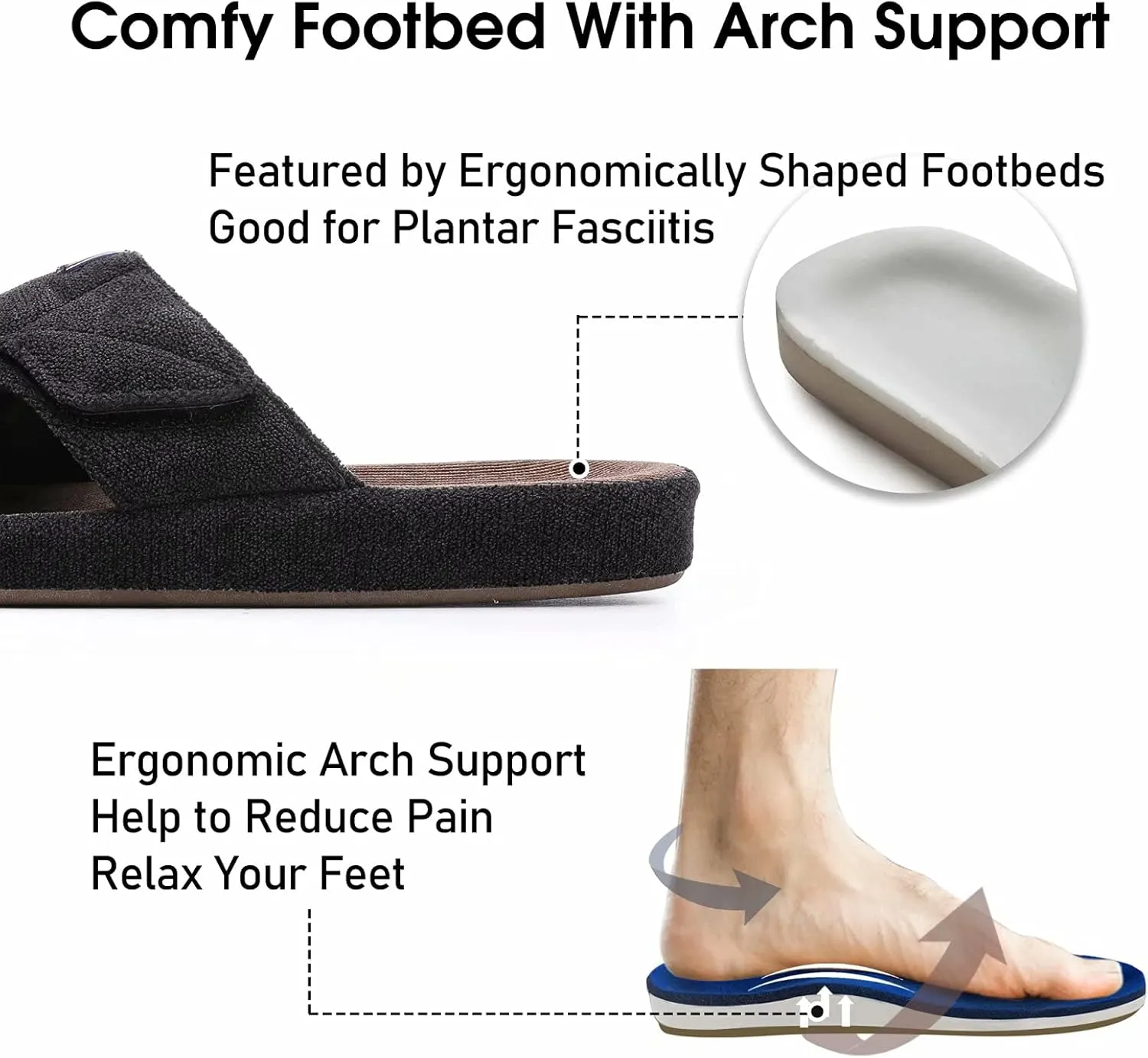 Men's Open Toe Slippers Adjustable House Slippers with Arch Support Cross Band Anti-Slip Indoor Outdoor Slides