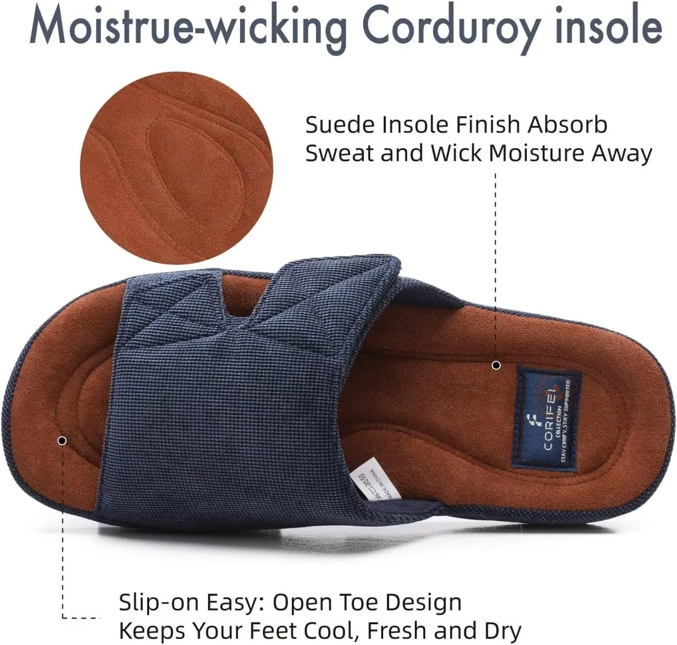Men's Open Toe Slippers Adjustable House Slippers with Arch Support Cross Band Anti-Slip Indoor Outdoor Slides