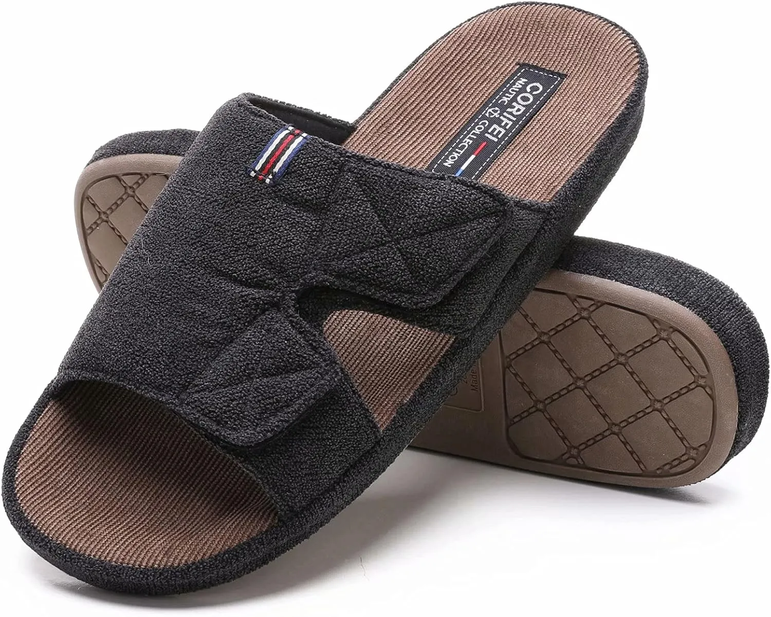 Men's Open Toe Slippers Adjustable House Slippers with Arch Support Cross Band Anti-Slip Indoor Outdoor Slides