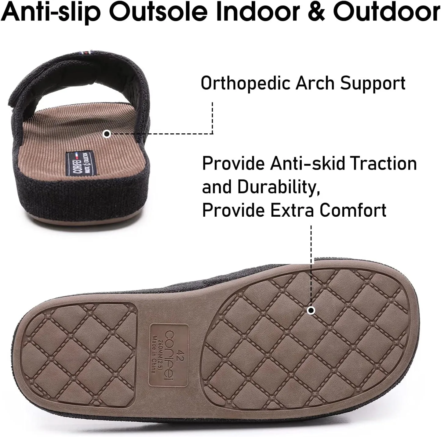 Men's Open Toe Slippers Adjustable House Slippers with Arch Support Cross Band Anti-Slip Indoor Outdoor Slides