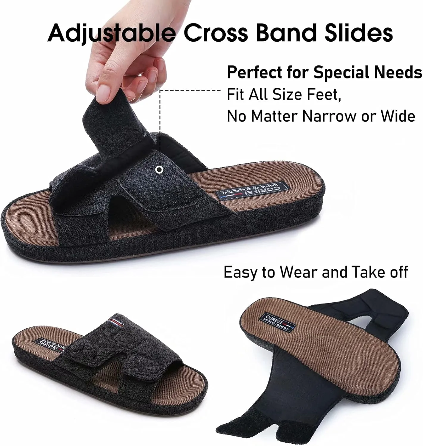 Men's Open Toe Slippers Adjustable House Slippers with Arch Support Cross Band Anti-Slip Indoor Outdoor Slides