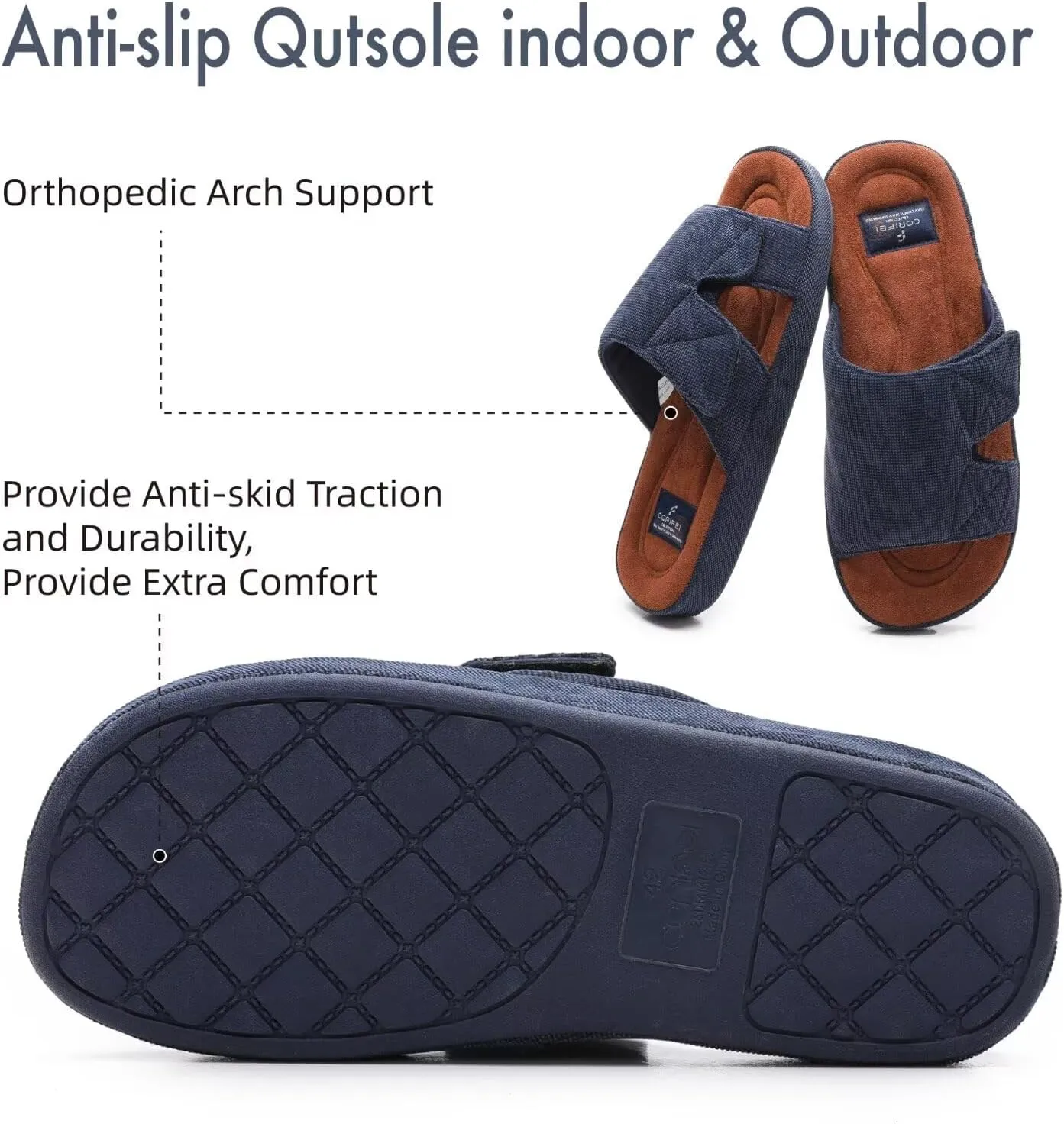 Men's Open Toe Slippers Adjustable House Slippers with Arch Support Cross Band Anti-Slip Indoor Outdoor Slides