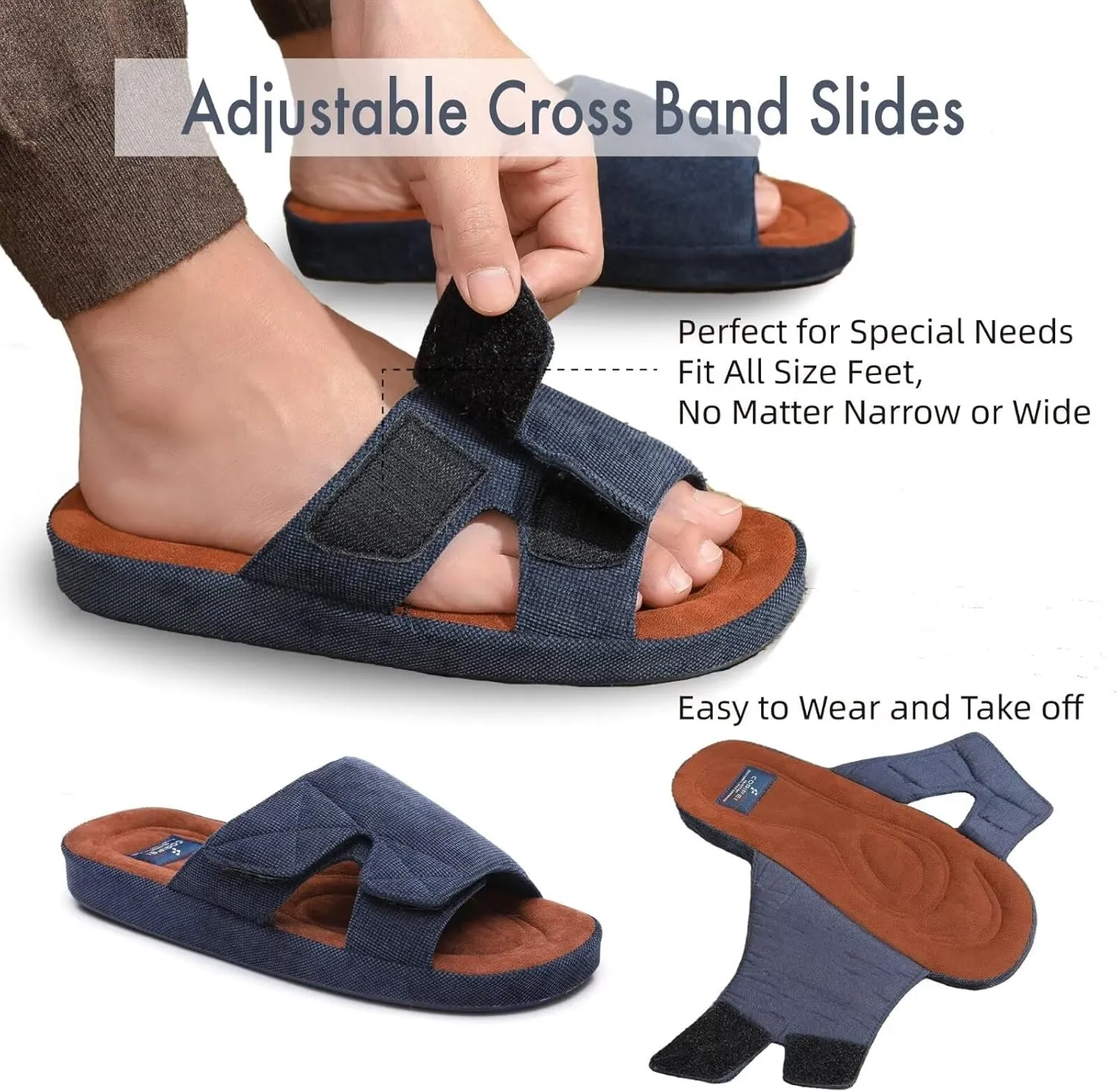 Men's Open Toe Slippers Adjustable House Slippers with Arch Support Cross Band Anti-Slip Indoor Outdoor Slides