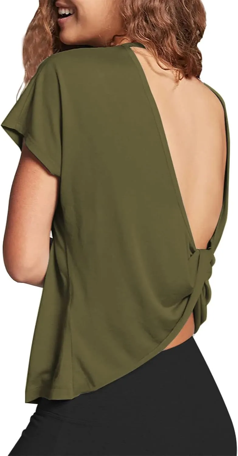 Mippo Womens Open Back Workout Tops Loose Short Sleeve Athletic Gym T Shirts