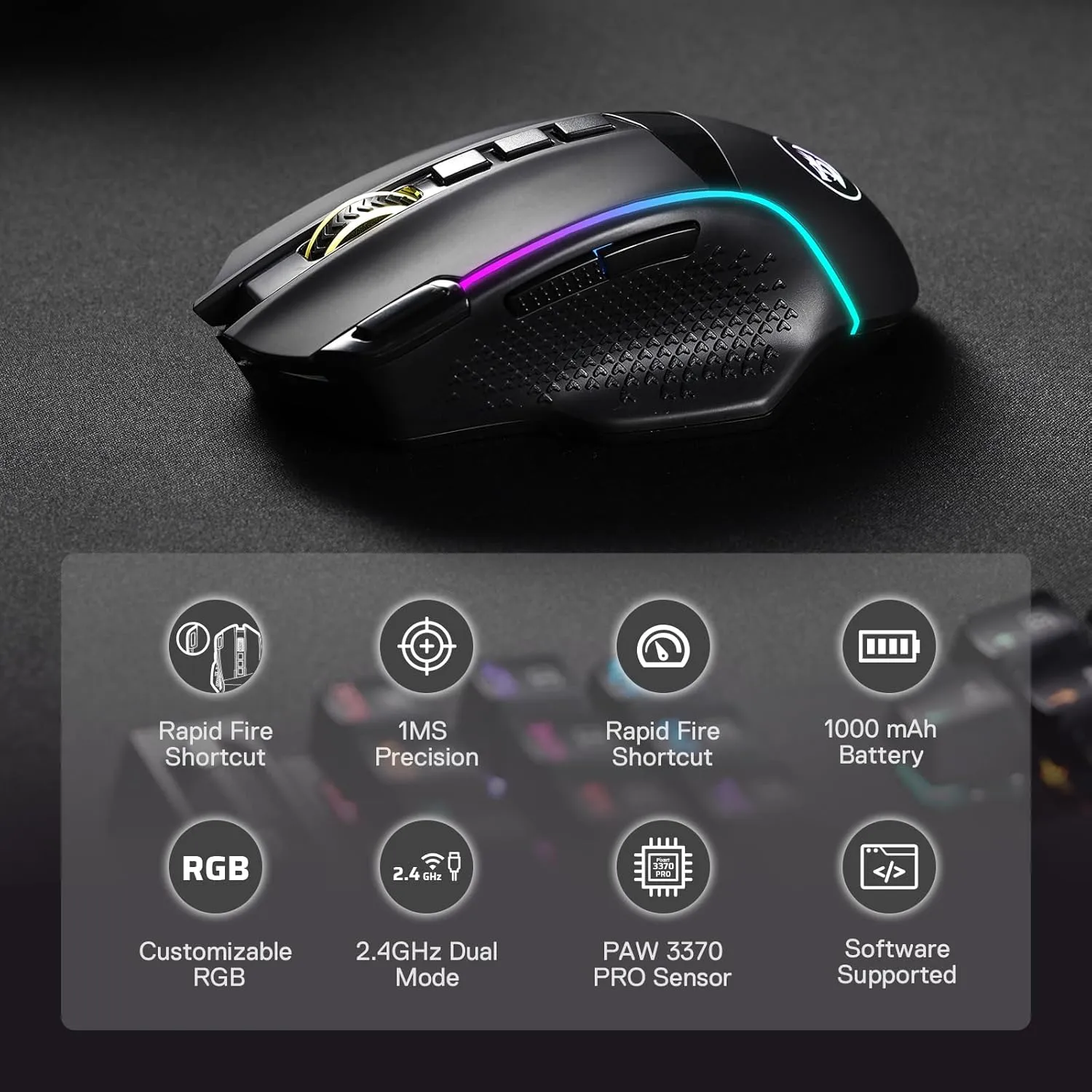 Redragon M991 Wireless Gaming Mouse, 26000 DPI 3-Mode Gamer Mice w/Rapid Fire Key, 9 Macro Buttons, Powerful Capacity and RGB Backlight for PC/Mac/Laptop, Black