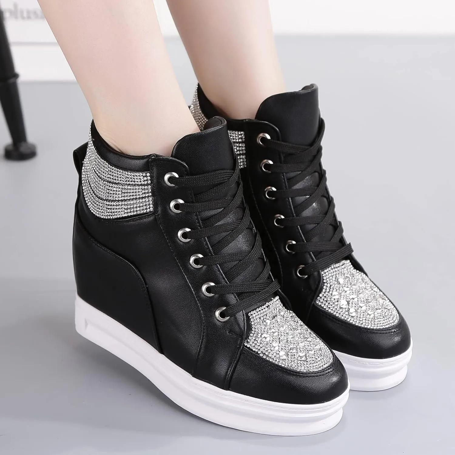 rismart Women's High Top Wedge Fashion Sneakers Glitter Lace up Ankle Bootie