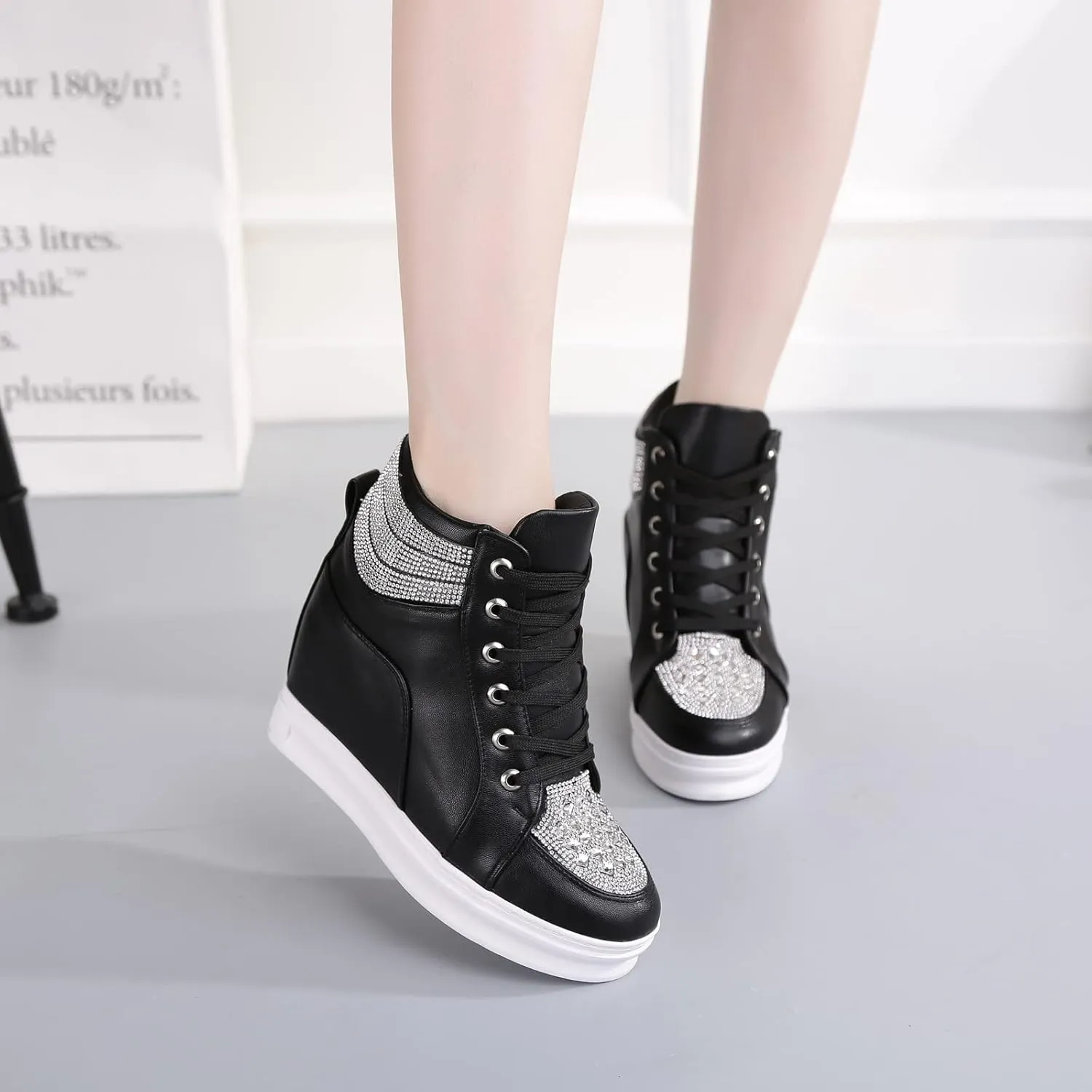 rismart Women's High Top Wedge Fashion Sneakers Glitter Lace up Ankle Bootie