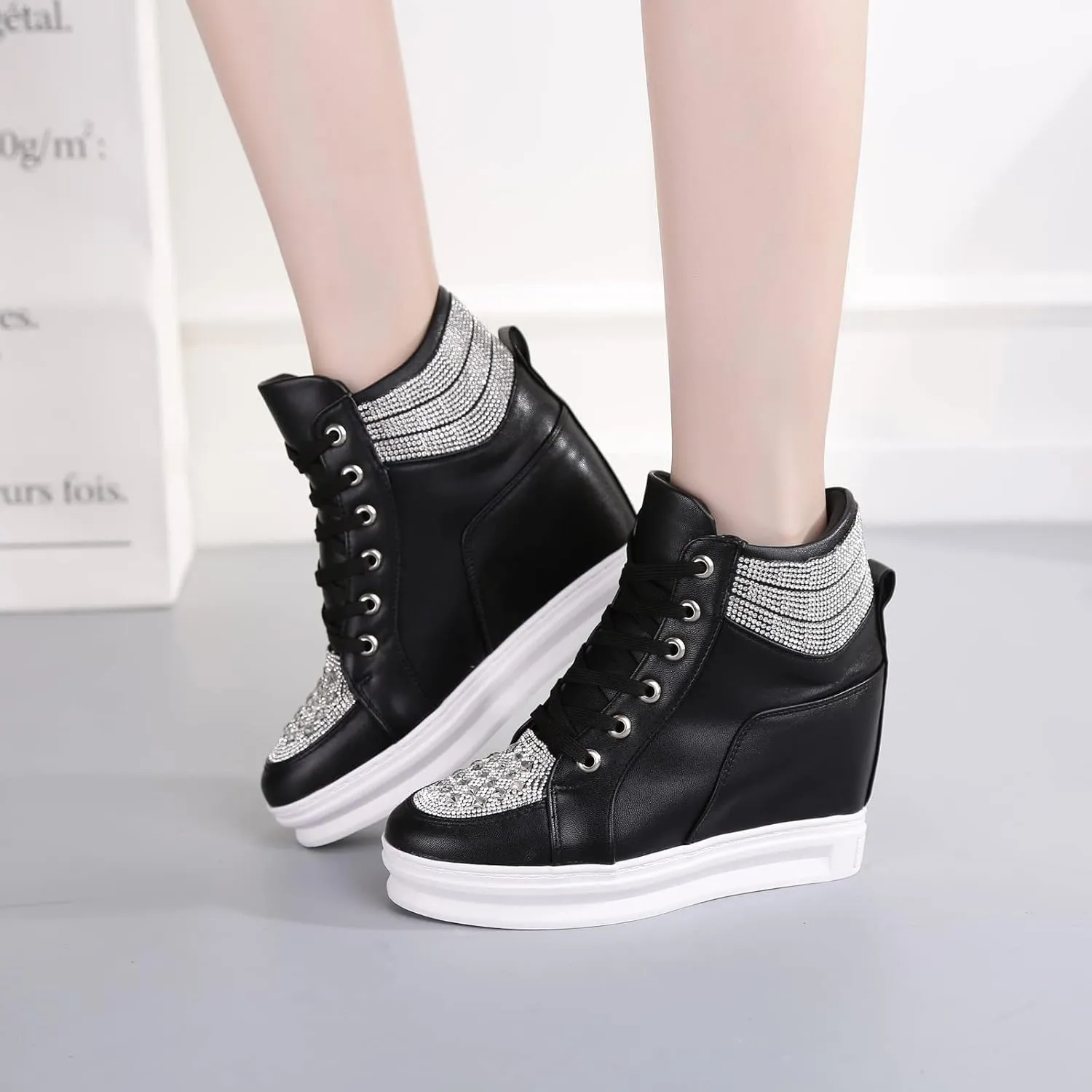 rismart Women's High Top Wedge Fashion Sneakers Glitter Lace up Ankle Bootie