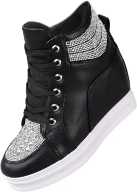 rismart Women's High Top Wedge Fashion Sneakers Glitter Lace up Ankle Bootie
