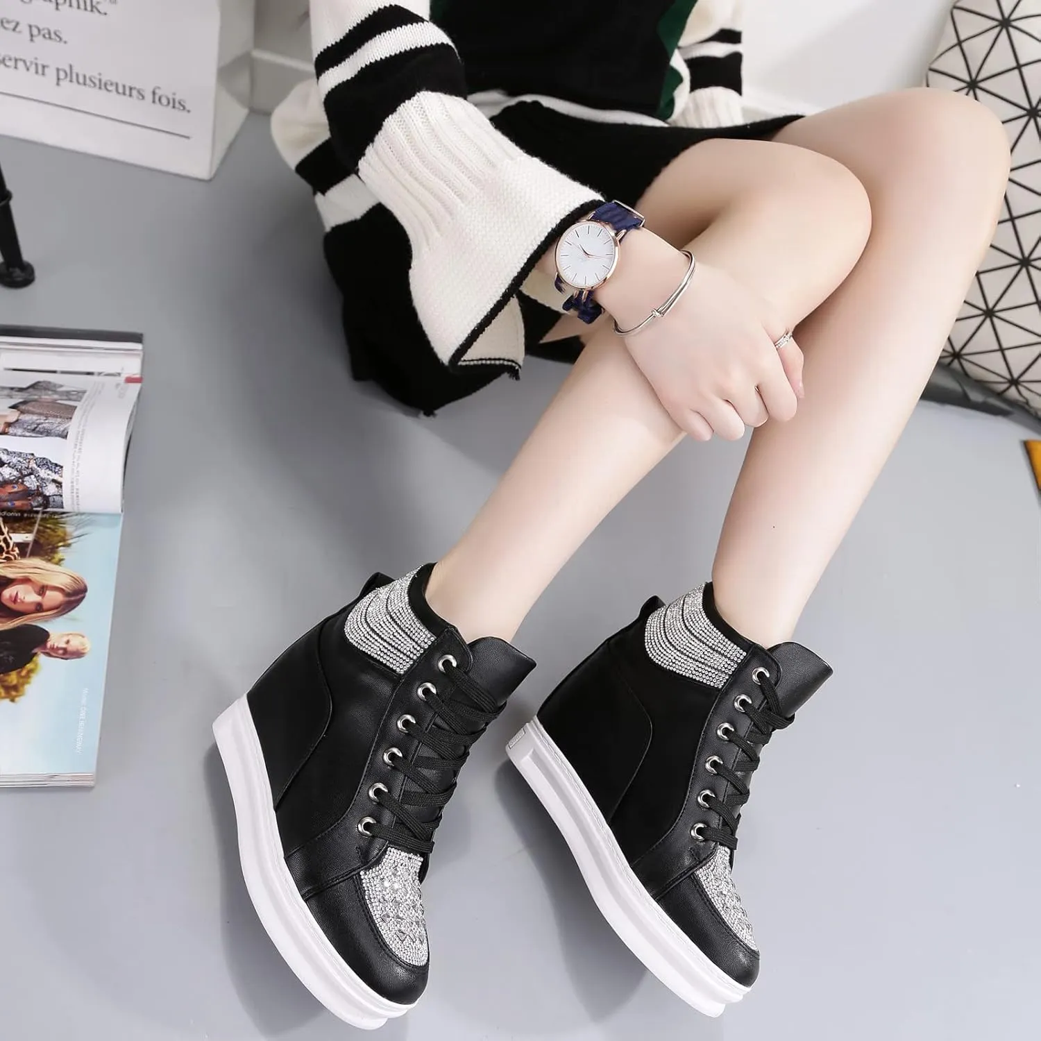 rismart Women's High Top Wedge Fashion Sneakers Glitter Lace up Ankle Bootie