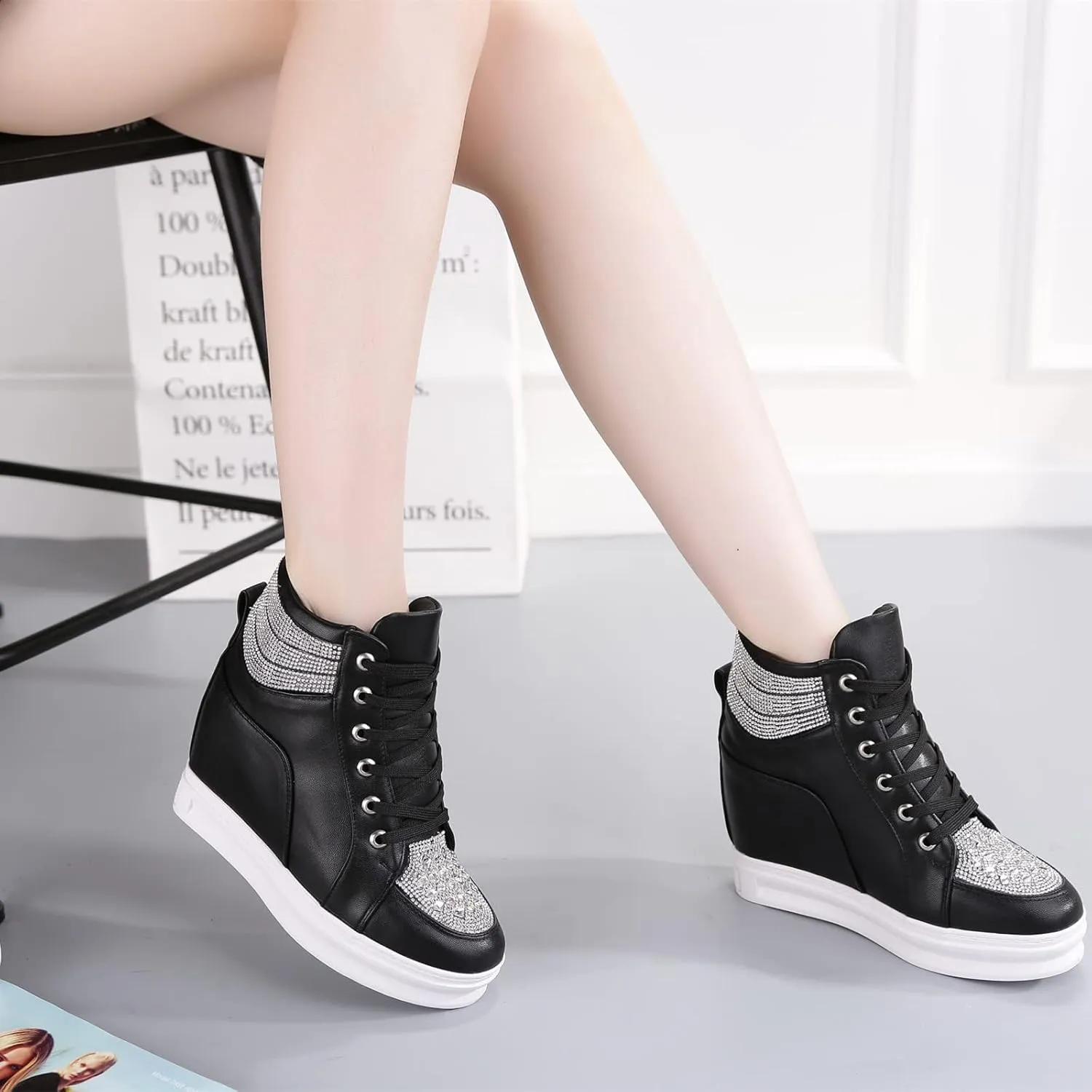rismart Women's High Top Wedge Fashion Sneakers Glitter Lace up Ankle Bootie