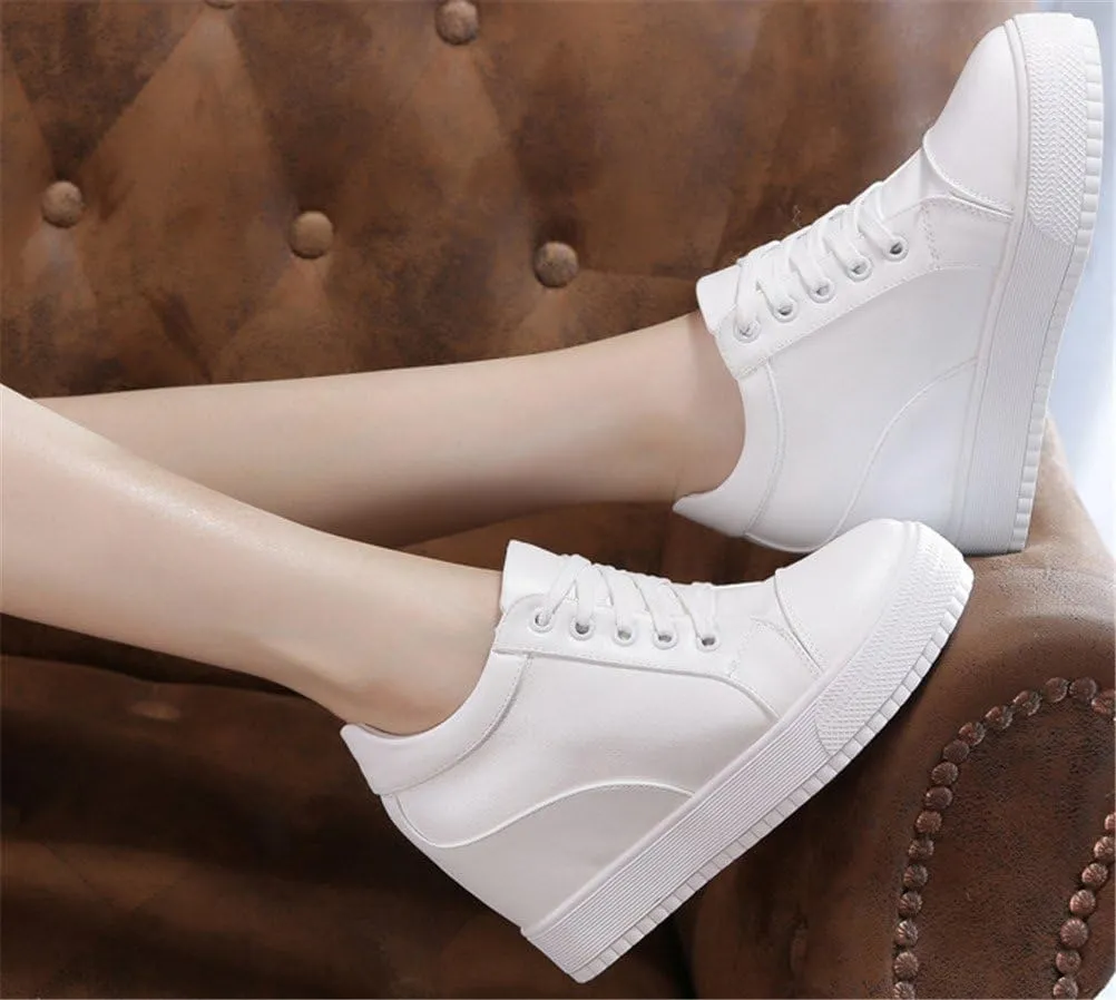 SATUKI Hidden Heel Fashion Sneakers for Women,Casual Wedges Platform Pleather Lace Up Sports Shoes