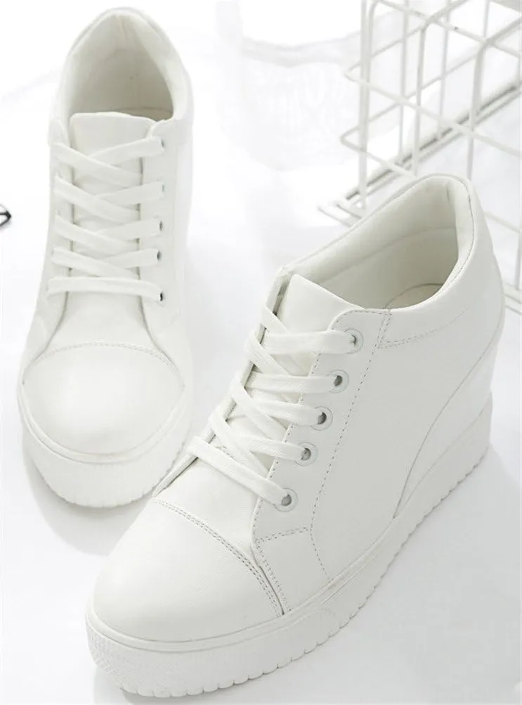 SATUKI Hidden Heel Fashion Sneakers for Women,Casual Wedges Platform Pleather Lace Up Sports Shoes