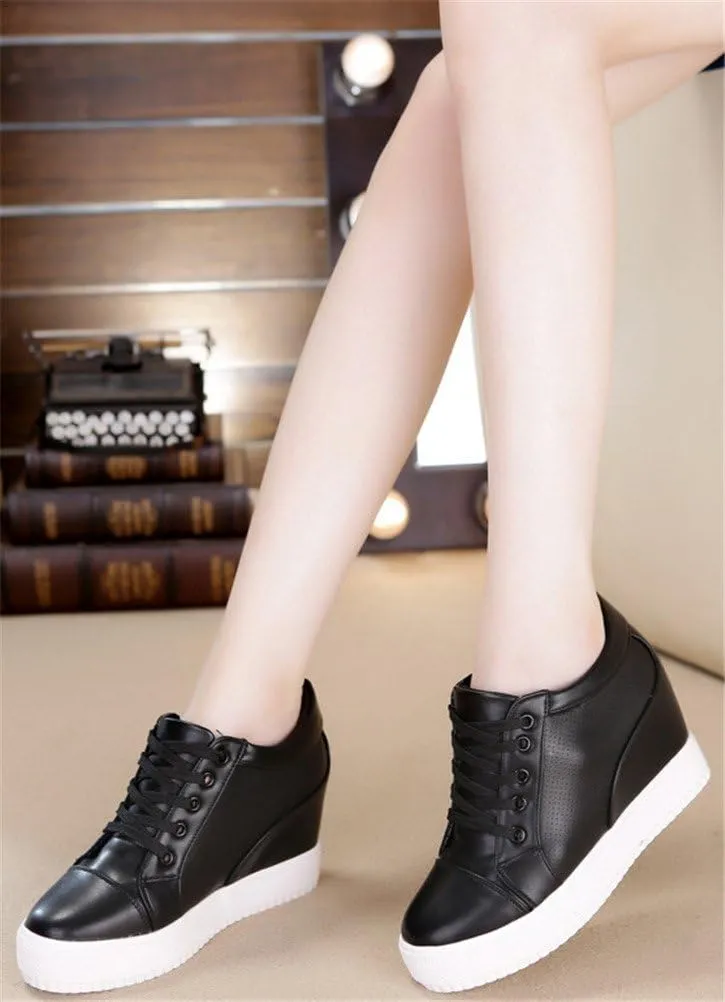 SATUKI Hidden Heel Fashion Sneakers for Women,Casual Wedges Platform Pleather Lace Up Sports Shoes