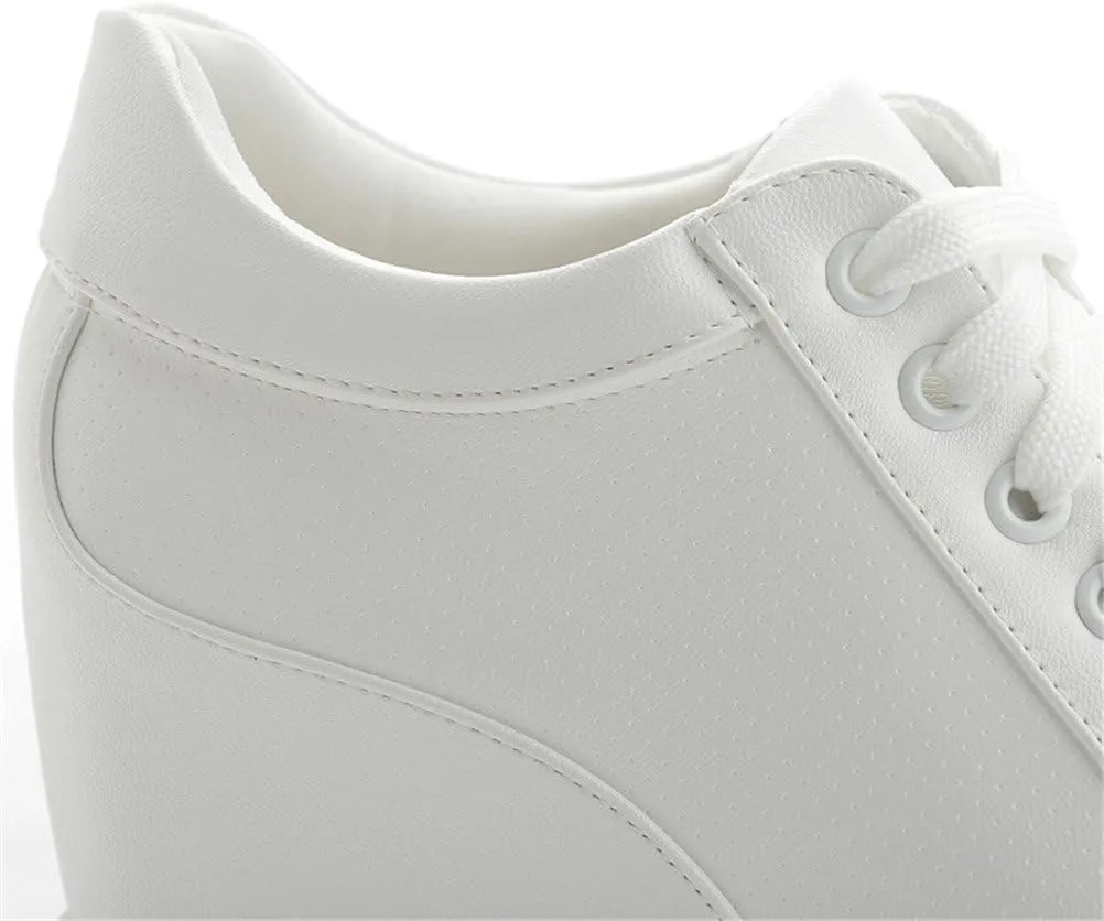 SATUKI Hidden Heel Fashion Sneakers for Women,Casual Wedges Platform Pleather Lace Up Sports Shoes