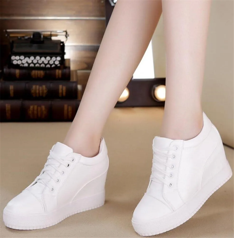 SATUKI Hidden Heel Fashion Sneakers for Women,Casual Wedges Platform Pleather Lace Up Sports Shoes