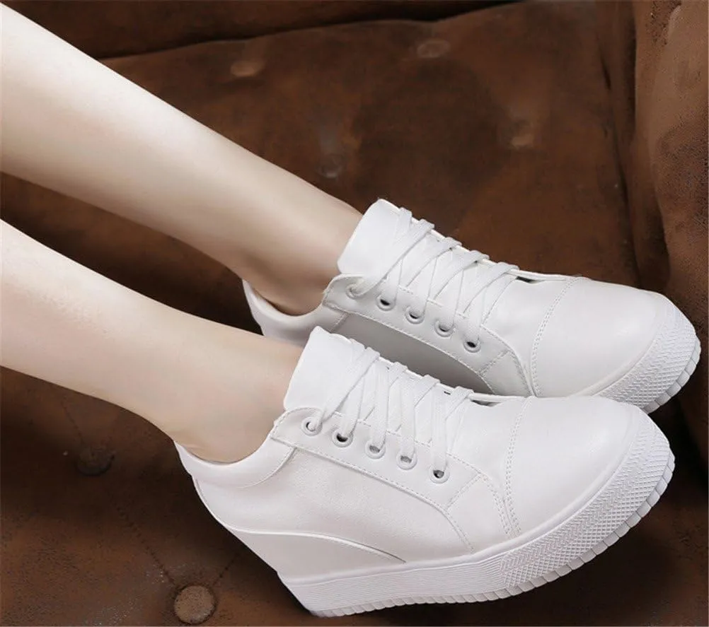 SATUKI Hidden Heel Fashion Sneakers for Women,Casual Wedges Platform Pleather Lace Up Sports Shoes