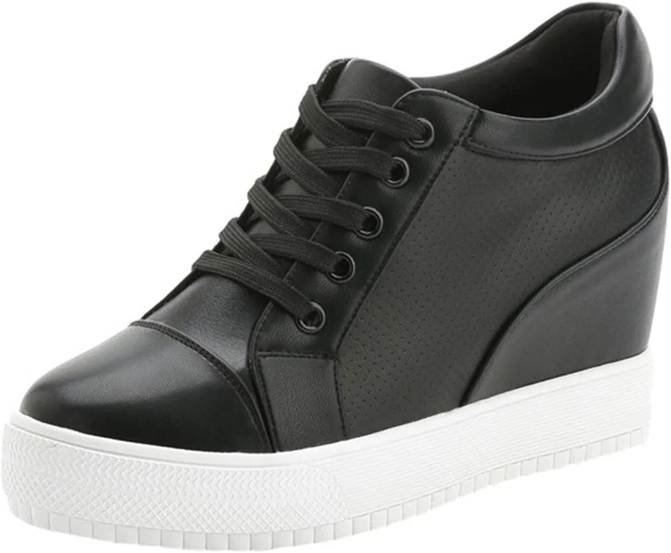 SATUKI Hidden Heel Fashion Sneakers for Women,Casual Wedges Platform Pleather Lace Up Sports Shoes