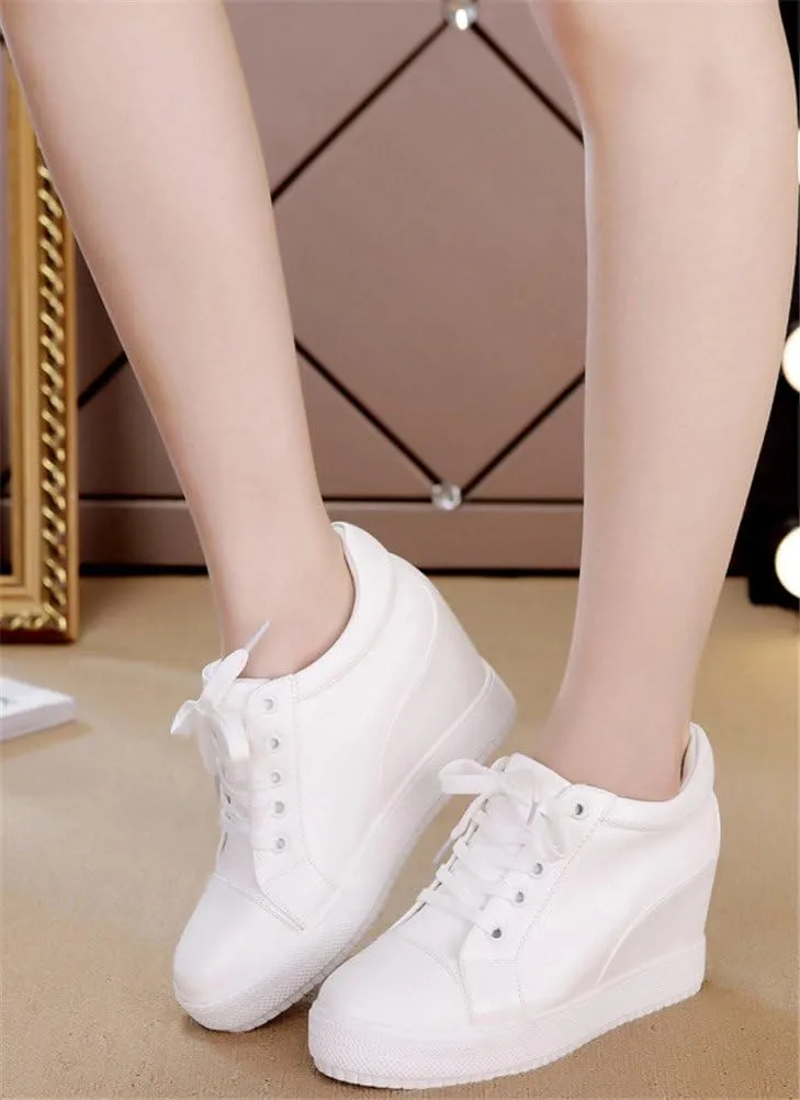 SATUKI Hidden Heel Fashion Sneakers for Women,Casual Wedges Platform Pleather Lace Up Sports Shoes
