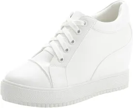 SATUKI Hidden Heel Fashion Sneakers for Women,Casual Wedges Platform Pleather Lace Up Sports Shoes