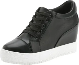 SATUKI Hidden Heel Fashion Sneakers for Women,Casual Wedges Platform Pleather Lace Up Sports Shoes