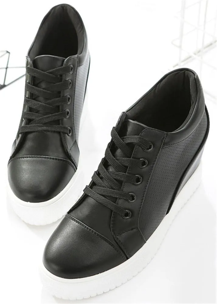 SATUKI Hidden Heel Fashion Sneakers for Women,Casual Wedges Platform Pleather Lace Up Sports Shoes
