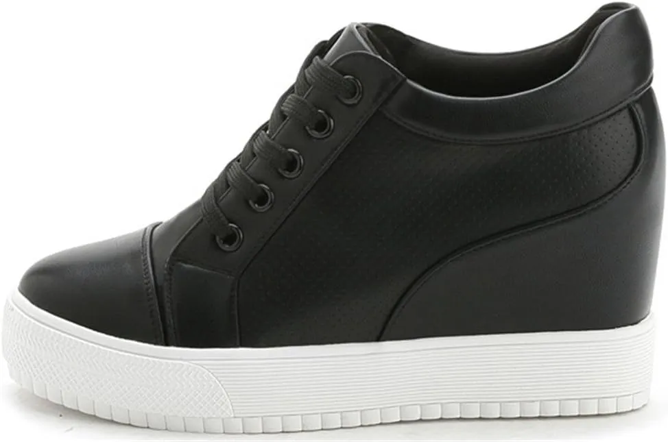 SATUKI Hidden Heel Fashion Sneakers for Women,Casual Wedges Platform Pleather Lace Up Sports Shoes
