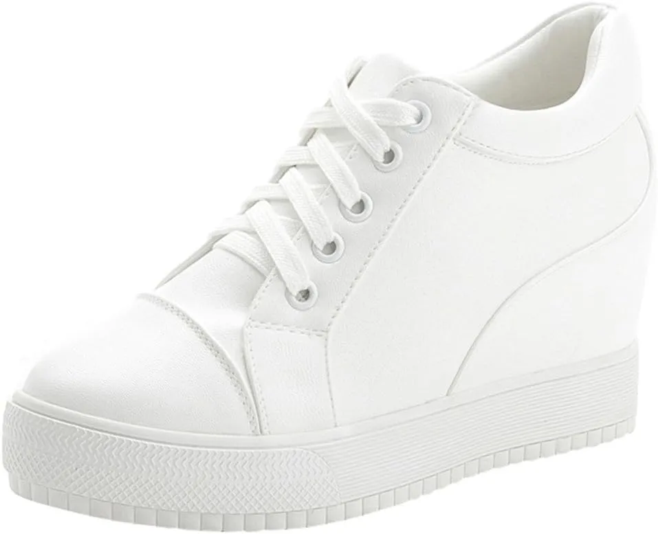 SATUKI Hidden Heel Fashion Sneakers for Women,Casual Wedges Platform Pleather Lace Up Sports Shoes